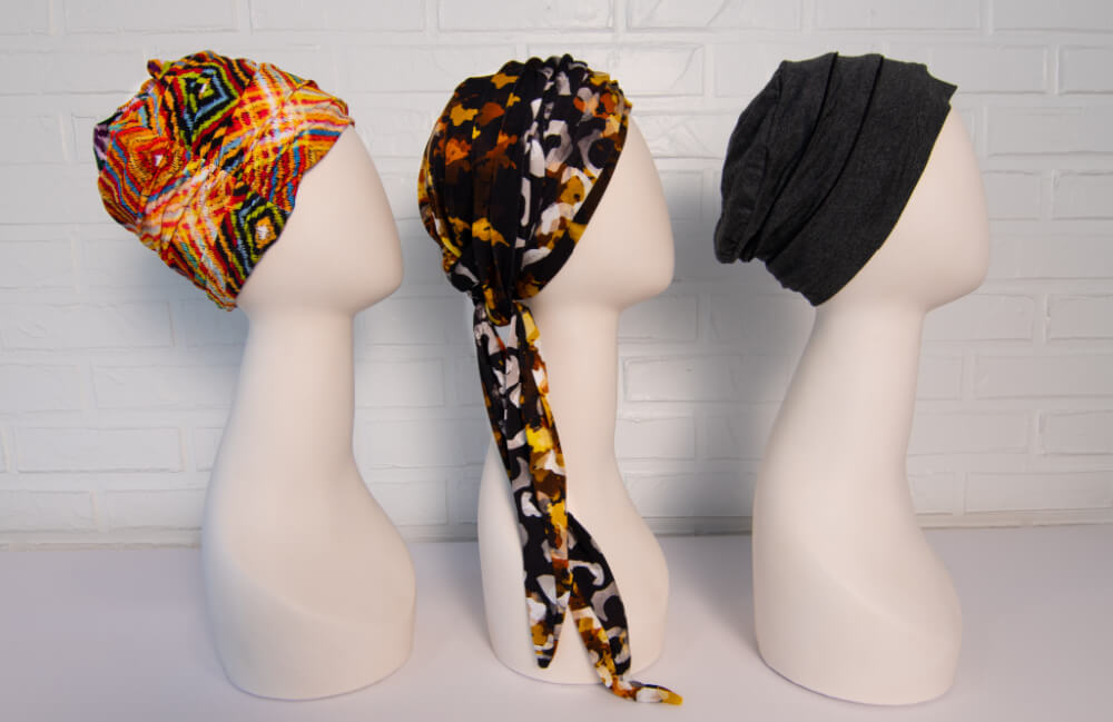 Colorful head caps from Cura Studio for chemo care
